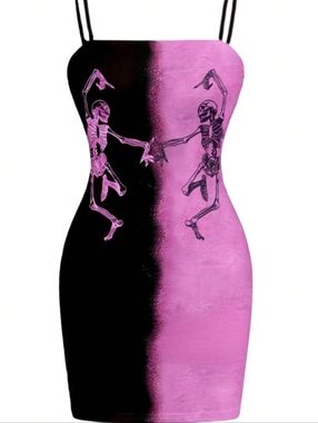 Shein $3/25 Pink Black Split Skeleton Dancing Strappy Dress Halloween Size L